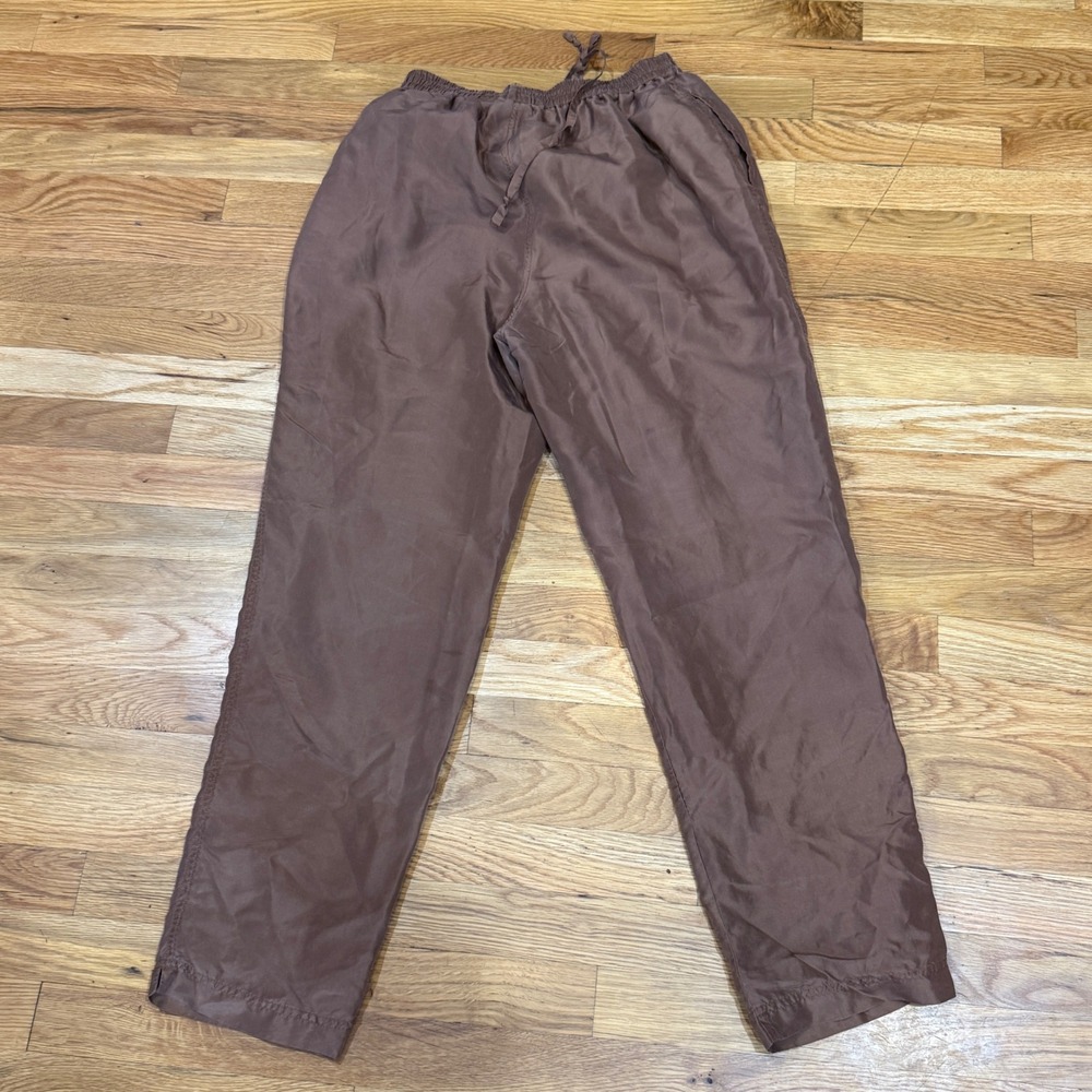 Out Brook Brown 100% Silk Elastic Drawstring Waist Straight Leg Pants Womens M
